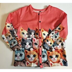 NEW! Women's Long Sleeve Salmon Color Cardigan Cat Pattern Size XL